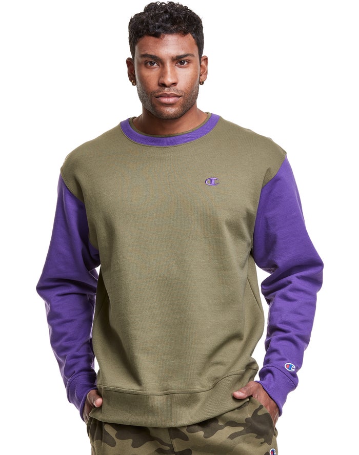 Champion Powerblend Fleece Crew Double Collar Crew Embroidered C Logo - Miesten Oliivinvihreä/Violet